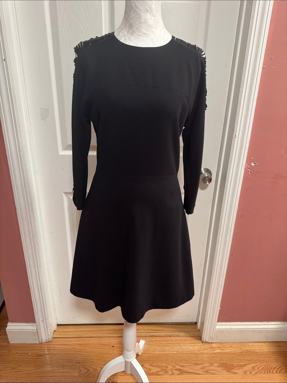 Sandro Black Long-Sleeve A-Line Dress with Shoulder Fringe Retails for $430.00
